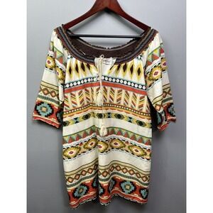 Funky People Tunic Dress Womens Multicolor Geometric Tribal Boho Tassel Smocked